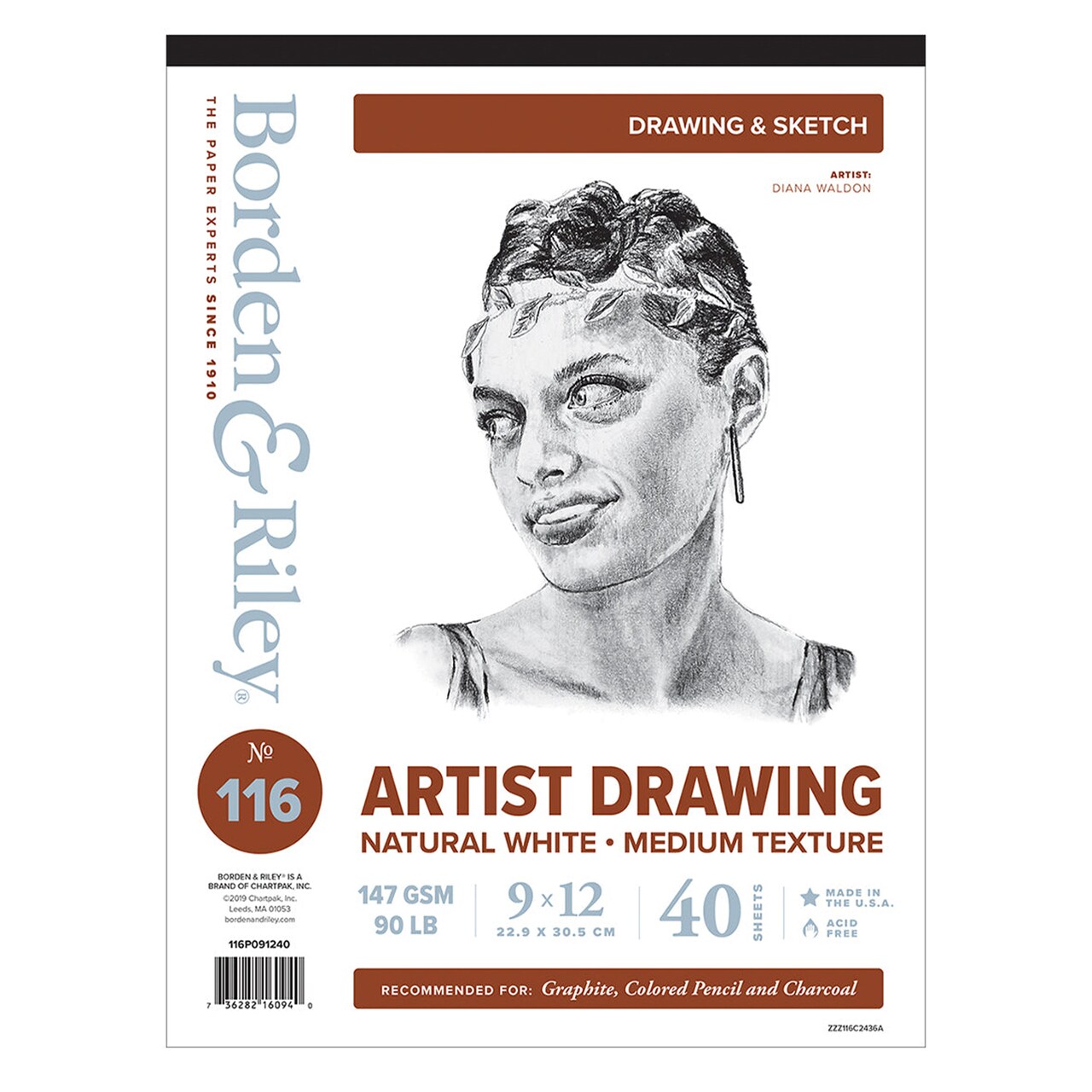 Borden & Riley #116 Artist Drawing/Sketch Pad, 147 GSM/90 lb., 40 White Sheets, 1 Pad Each